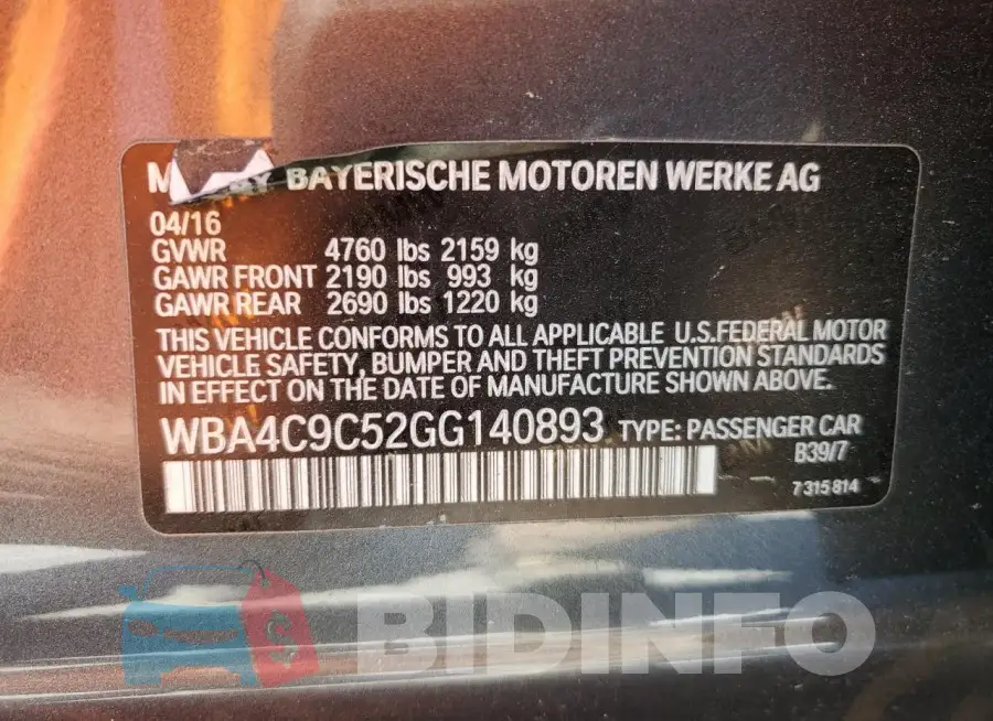 WBA4C9C52GG140893 Photo# 13
