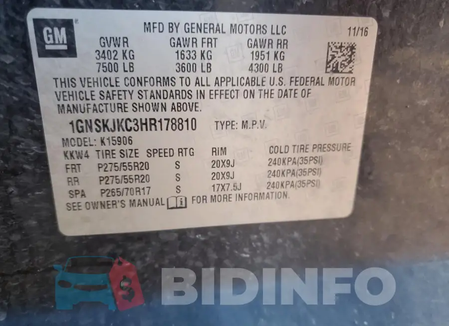 1GNSKJKC3HR178810 Photo# 13