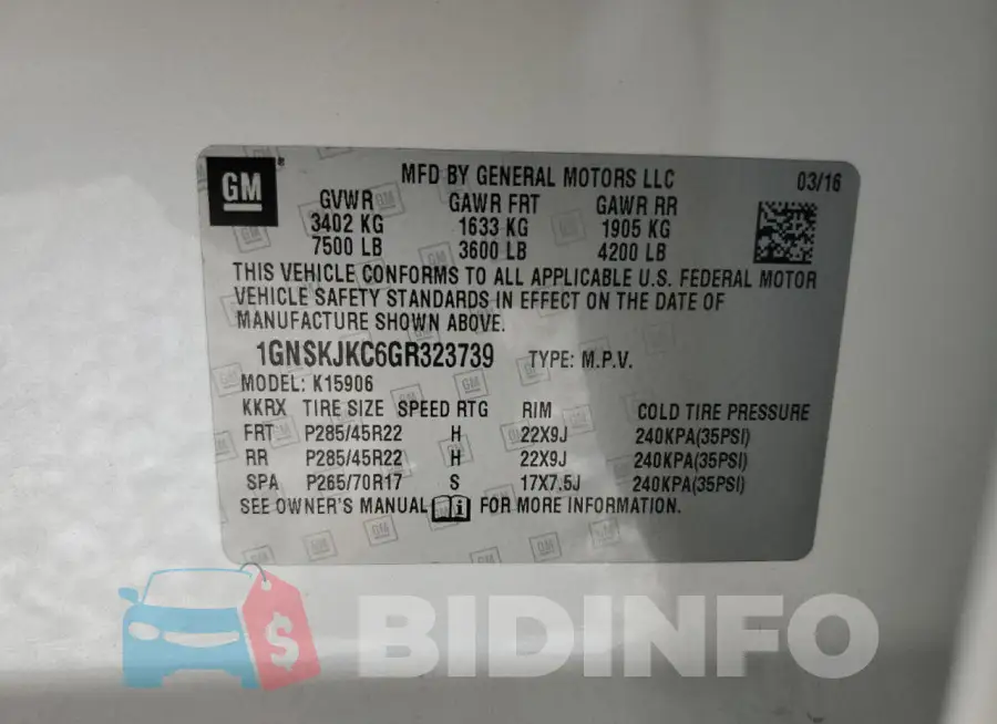 1GNSKJKC6GR323739 Photo# 13