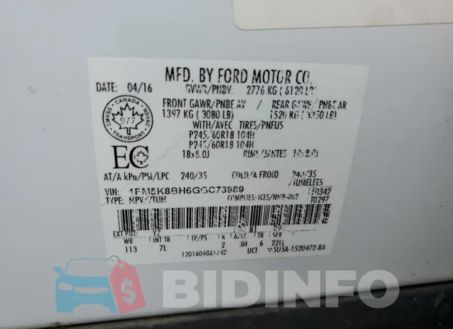 1FM5K8BH6GGC73989 Photo# 13