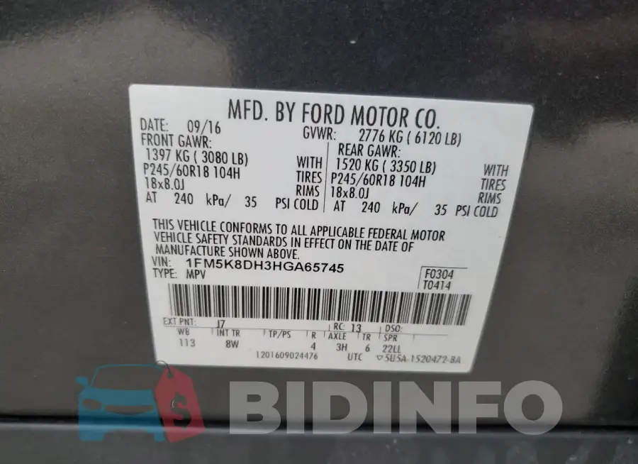 1FM5K8DH3HGA65745 Photo# 14