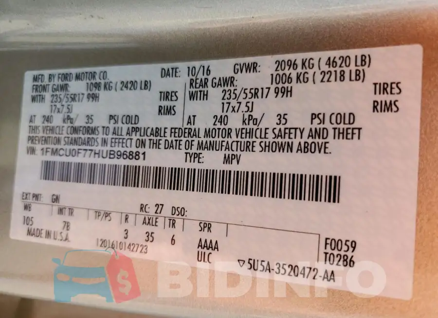 1FMCU0F77HUB96881 Photo# 12