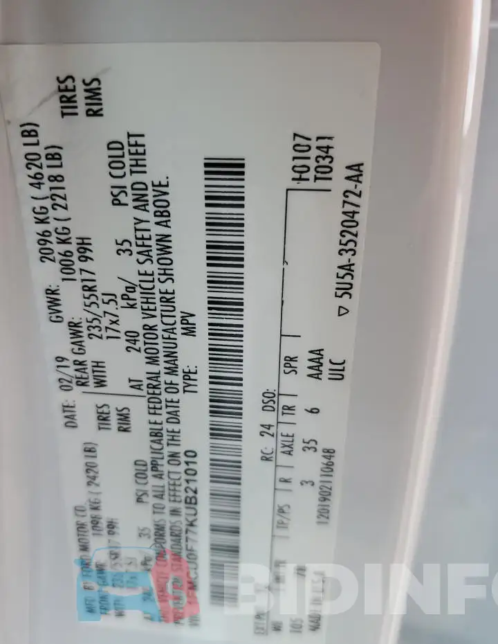 1FMCU0F77KUB21010 Photo# 14