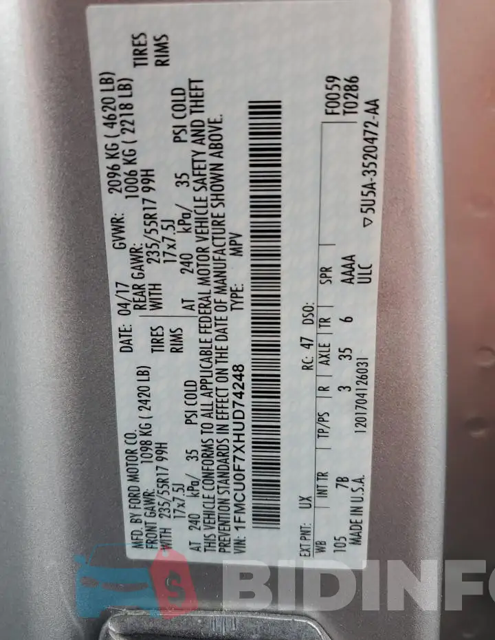 1FMCU0F7XHUD74248 Photo# 13