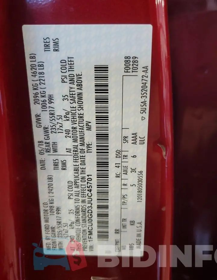 1FMCU0GD3JUC45701 Photo# 13