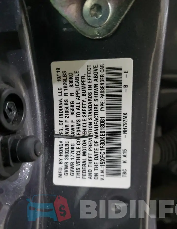 19XFC1F30KE018081 Photo# 12