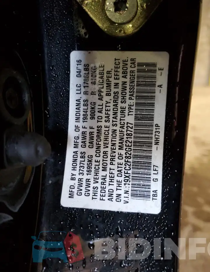 19XFC2F82GE218727 Photo# 12