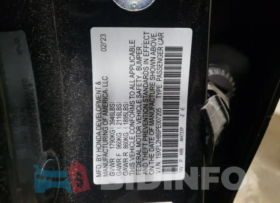 19XFL2H86PE007205 Photo# 13