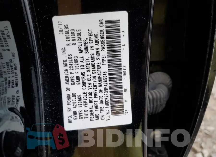 1HGCR2F39HA285045 Photo# 12