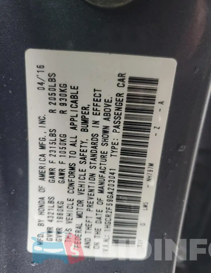 1HGCR2F59GA203041 Photo# 12