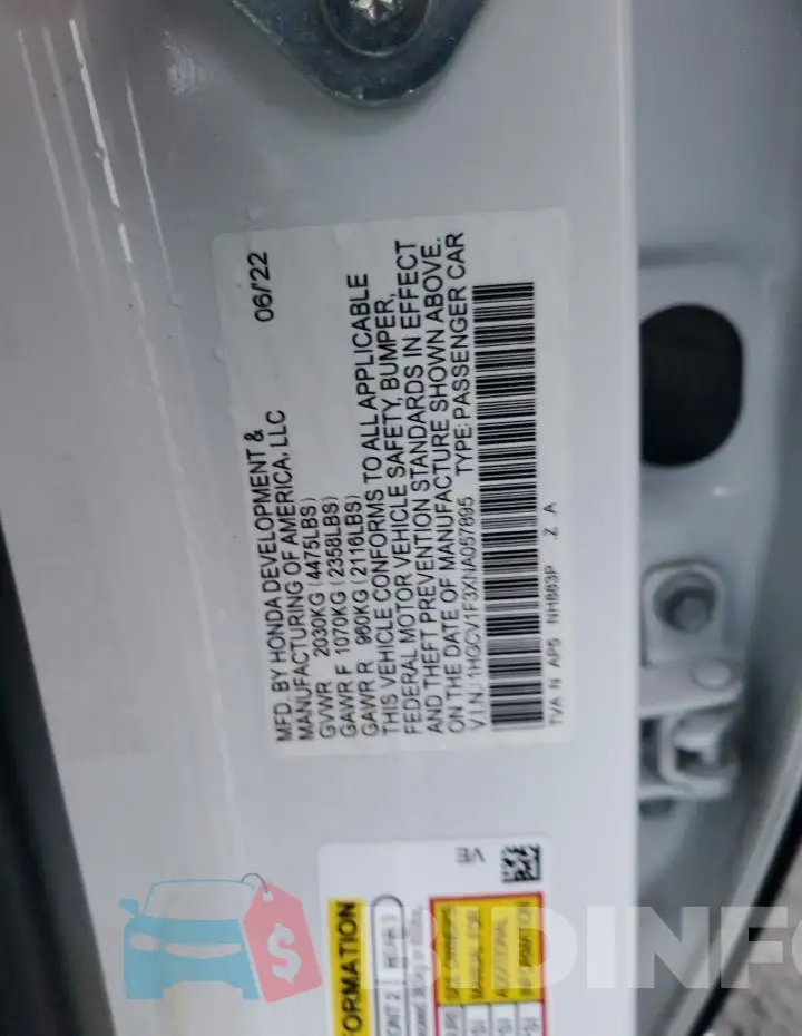 1HGCV1F3XNA057895 Photo# 12