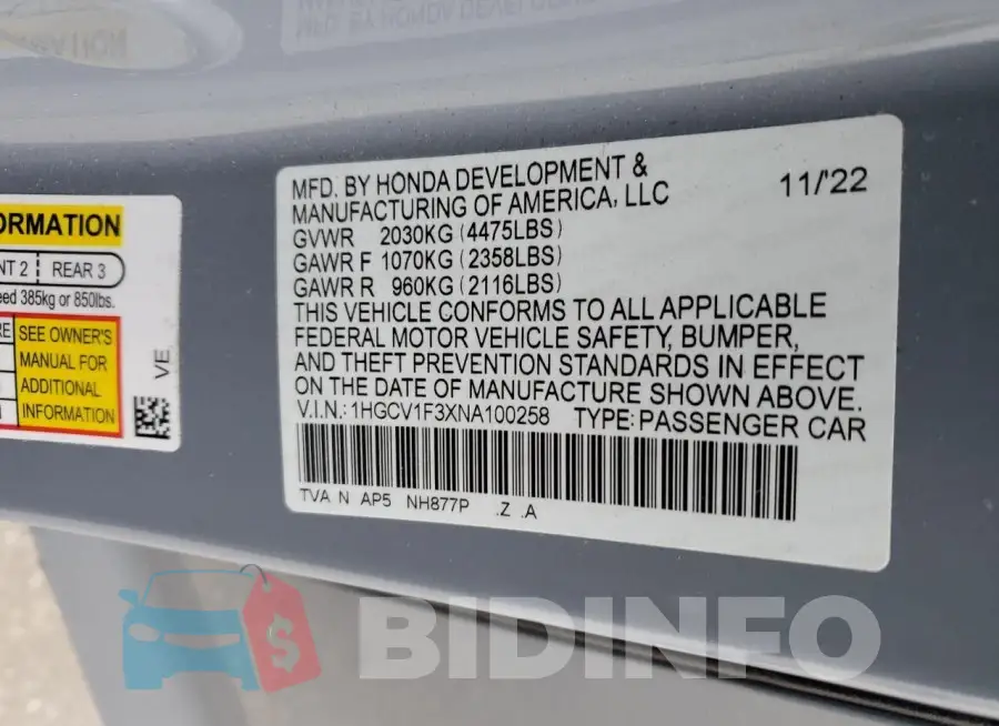 1HGCV1F3XNA100258 Photo# 13