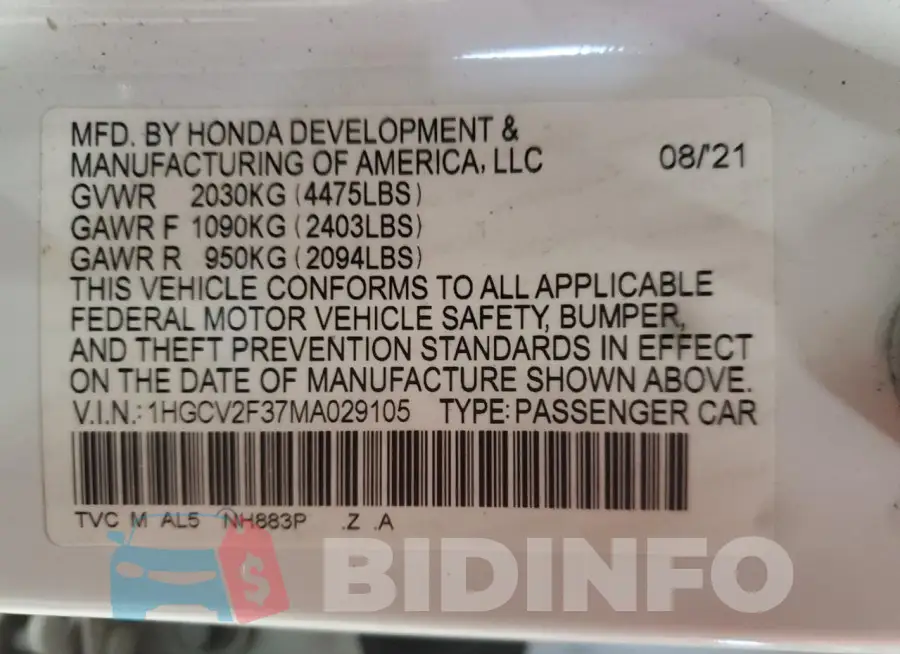 1HGCV2F37MA029105 Photo# 13