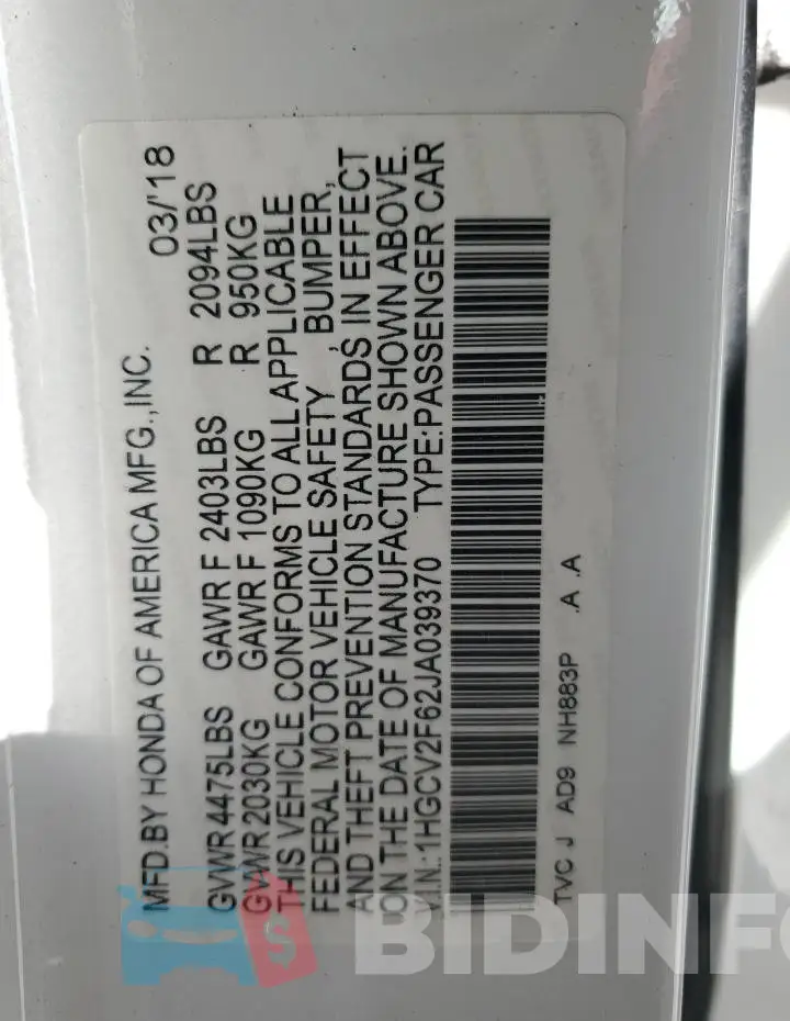 1HGCV2F62JA039370 Photo# 13