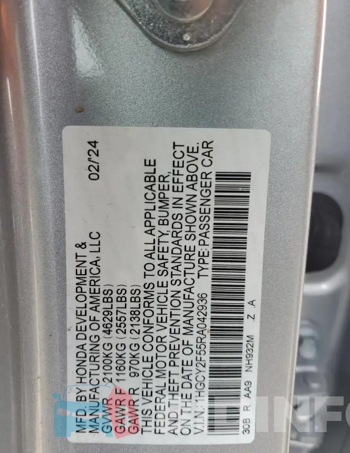 1HGCY2F55RA042936 Photo# 12