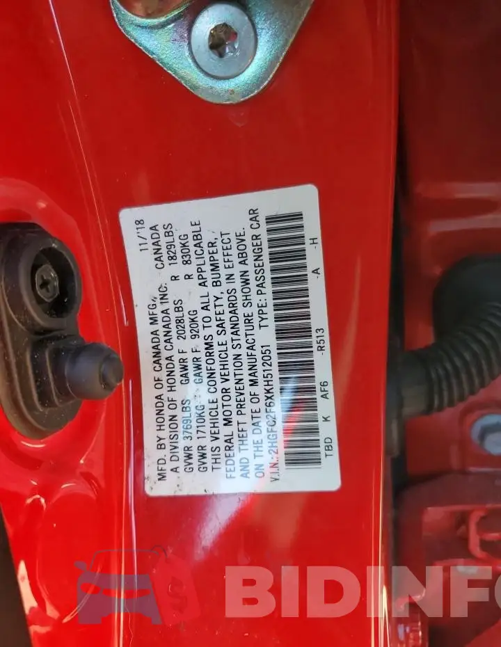 2HGFC2F6XKH512051 Photo# 12