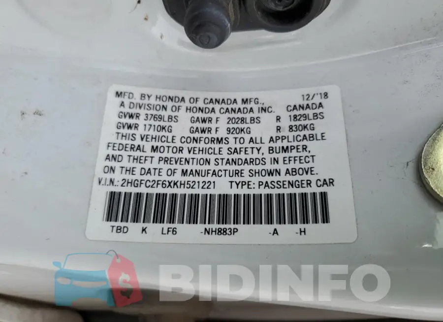 2HGFC2F6XKH521221 Photo# 12