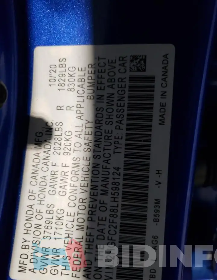 2HGFC2F88LH598124 Photo# 13