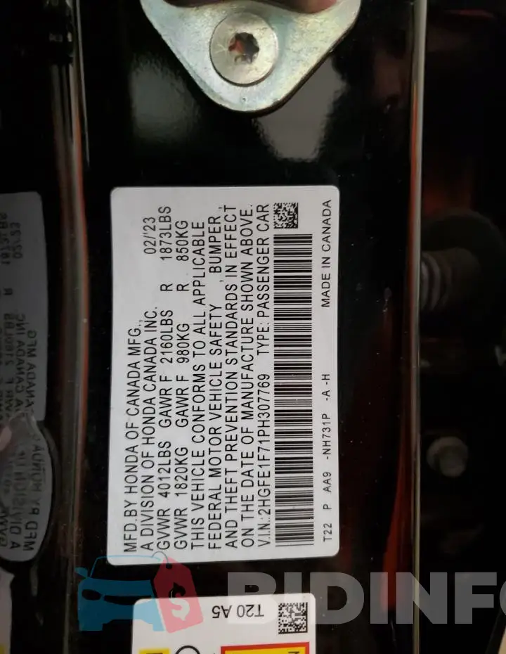 2HGFE1F71PH307769 Photo# 13