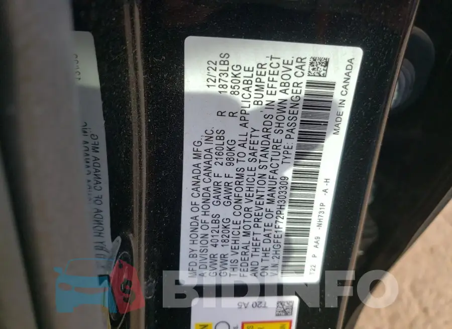 2HGFE1F72PH303309 Photo# 12
