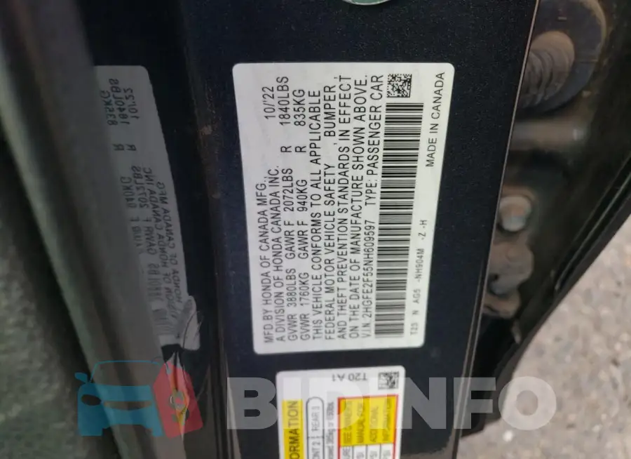 2HGFE2F55NH609597 Photo# 13