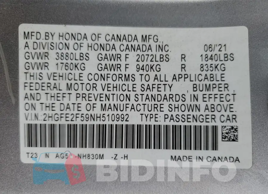 2HGFE2F59NH510992 Photo# 12