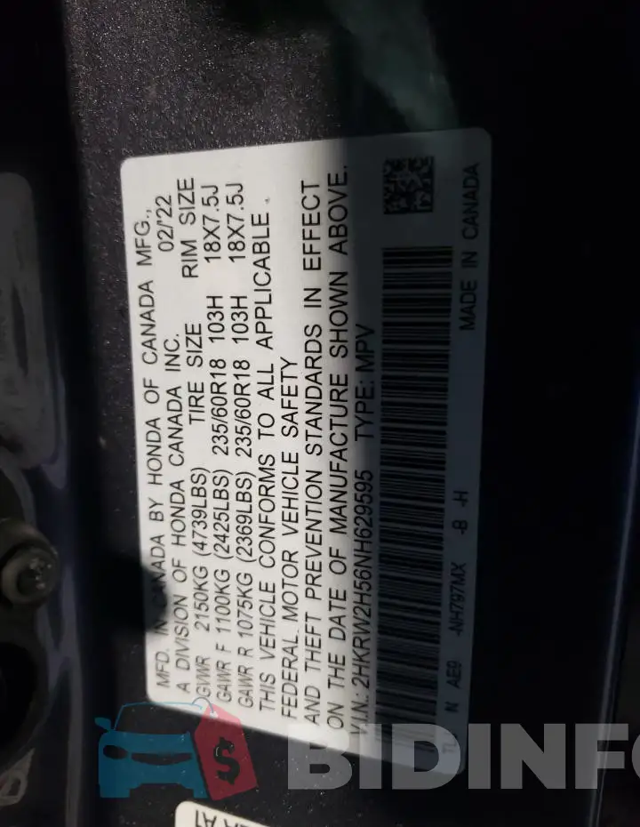 2HKRW2H56NH629595 Photo# 14