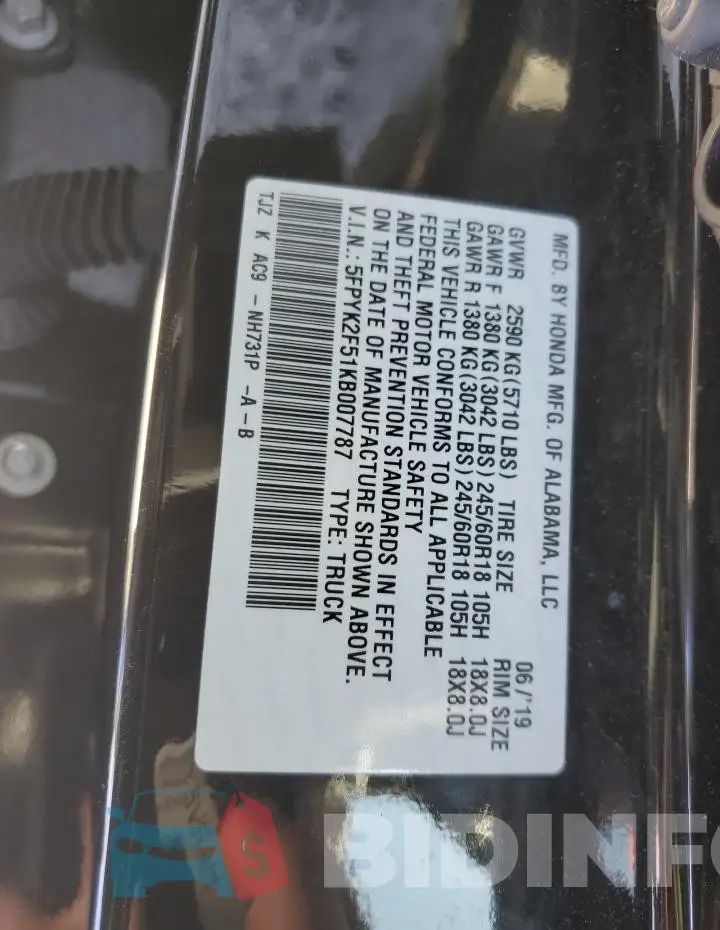 5FPYK2F51KB007787 Photo# 12