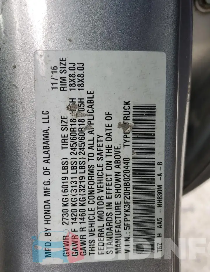 5FPYK3F20HB020440 Photo# 12