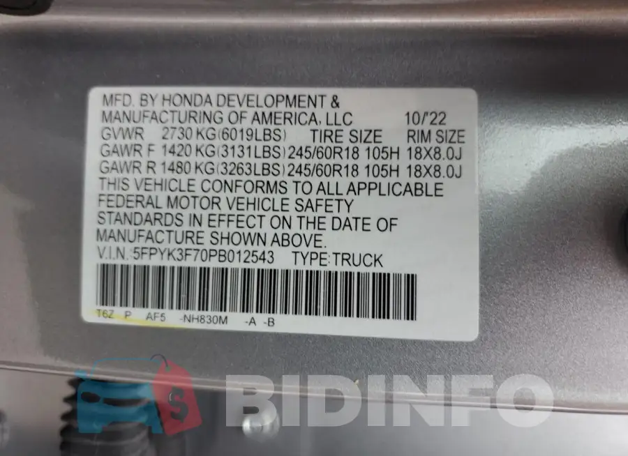5FPYK3F70PB012543 Photo# 12