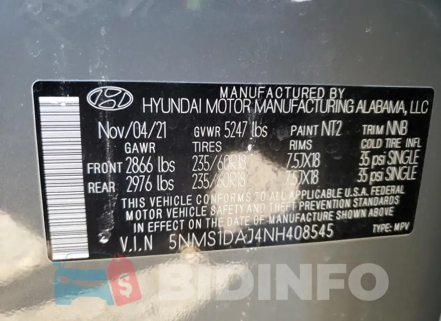 5NMS1DAJ4NH408545 Photo# 13
