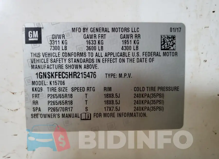 1GNSKFEC5HR215476 Photo# 12