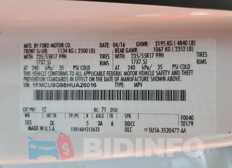 1FMCU9G98HUA26016 Photo# 12