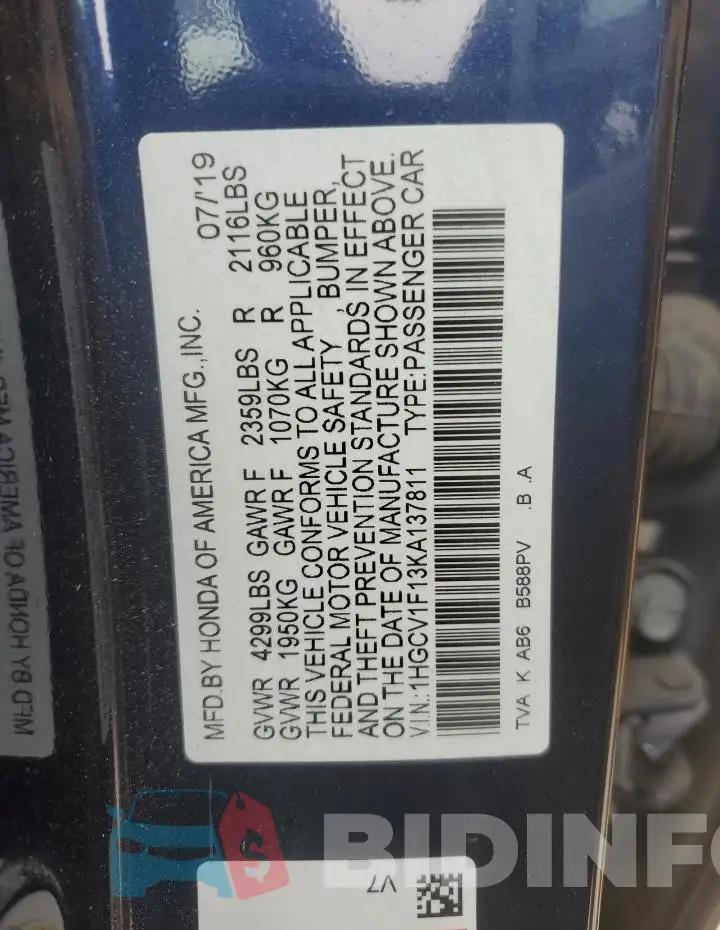 1HGCV1F13KA137811 Photo# 12