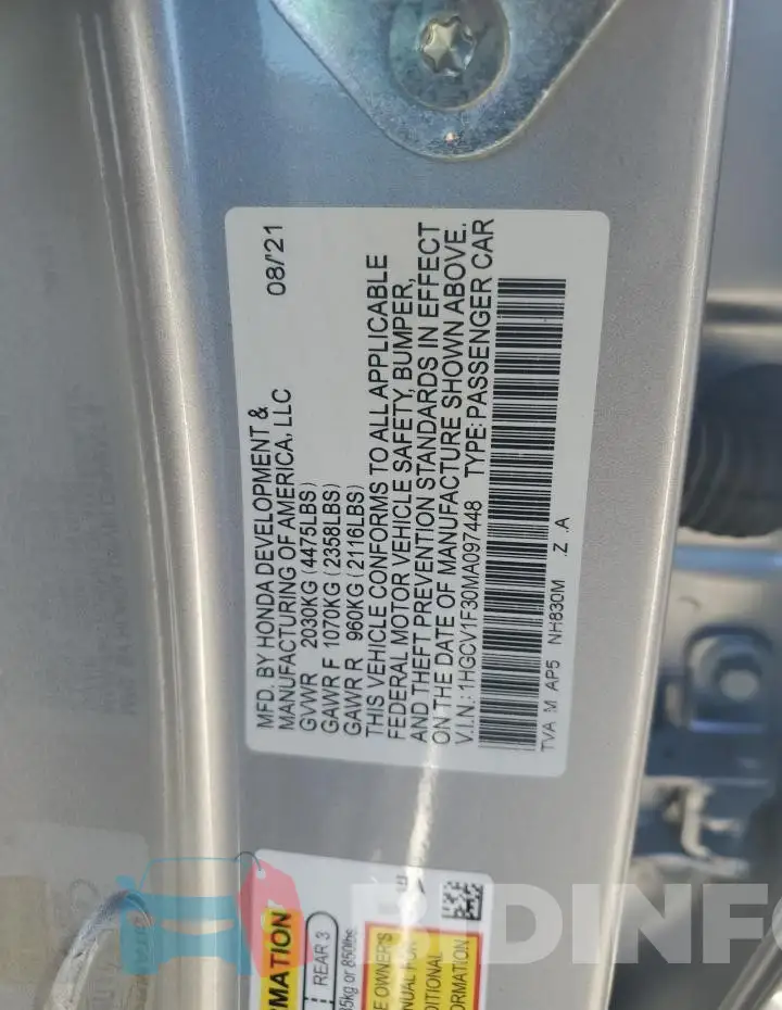 1HGCV1F30MA097448 Photo# 12