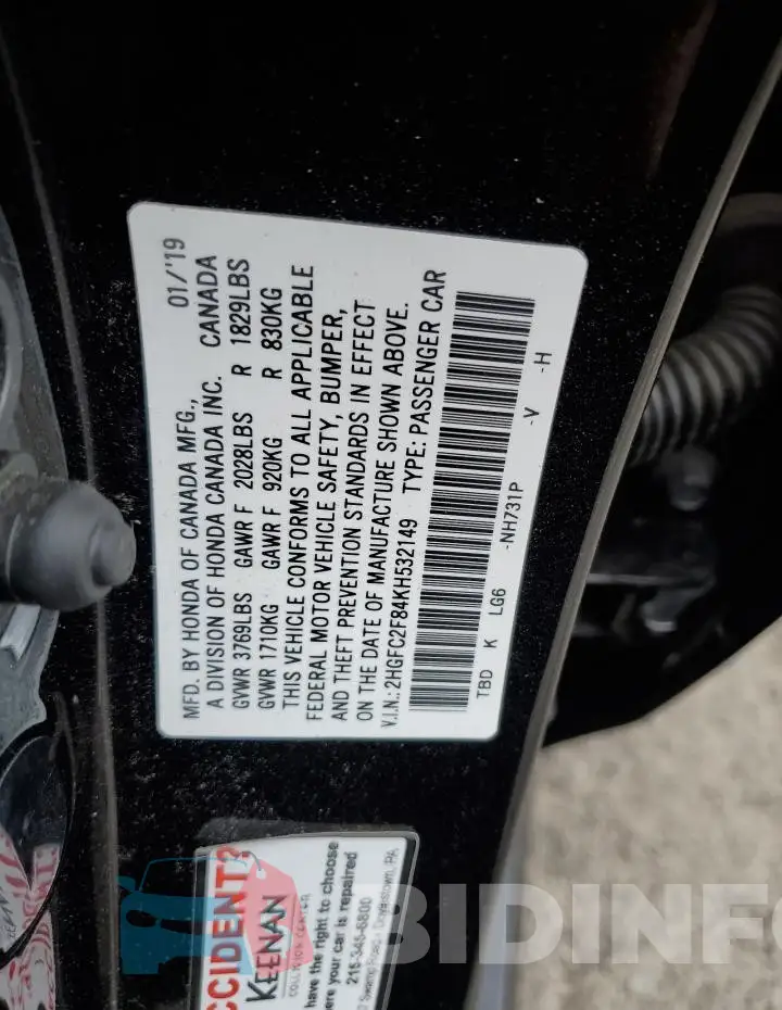 2HGFC2F84KH532149 Photo# 12