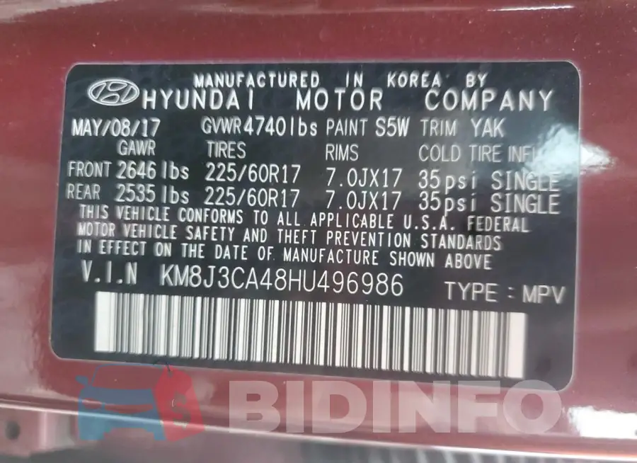 KM8J3CA48HU496986 Photo# 13
