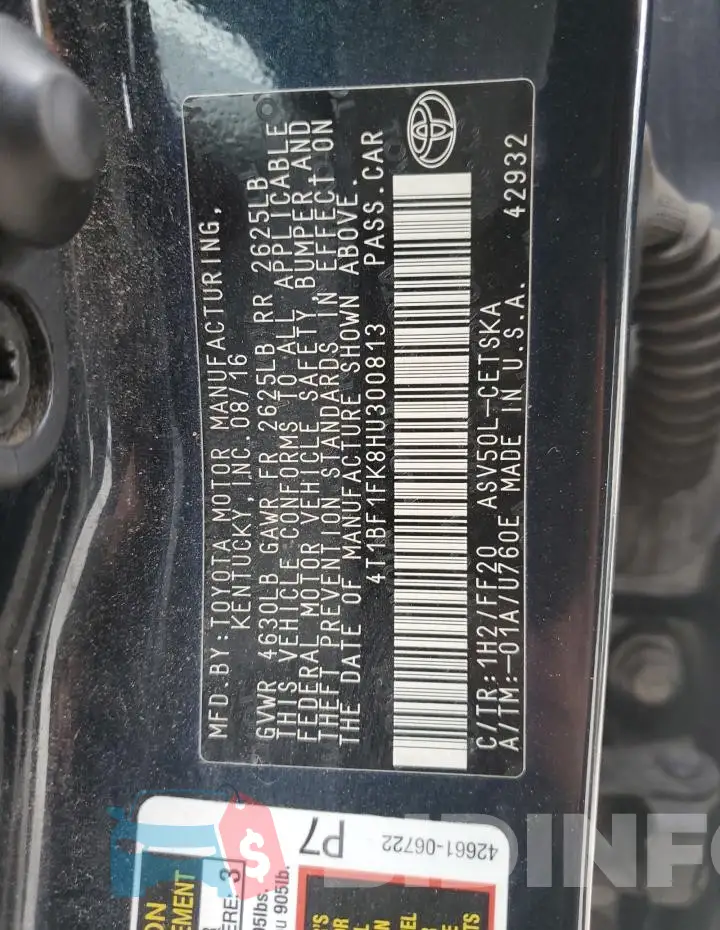 4T1BF1FK8HU300813 Photo# 13