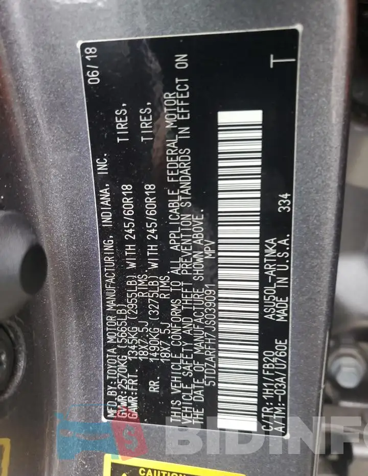 5TDZARFH7JS039091 Photo# 13