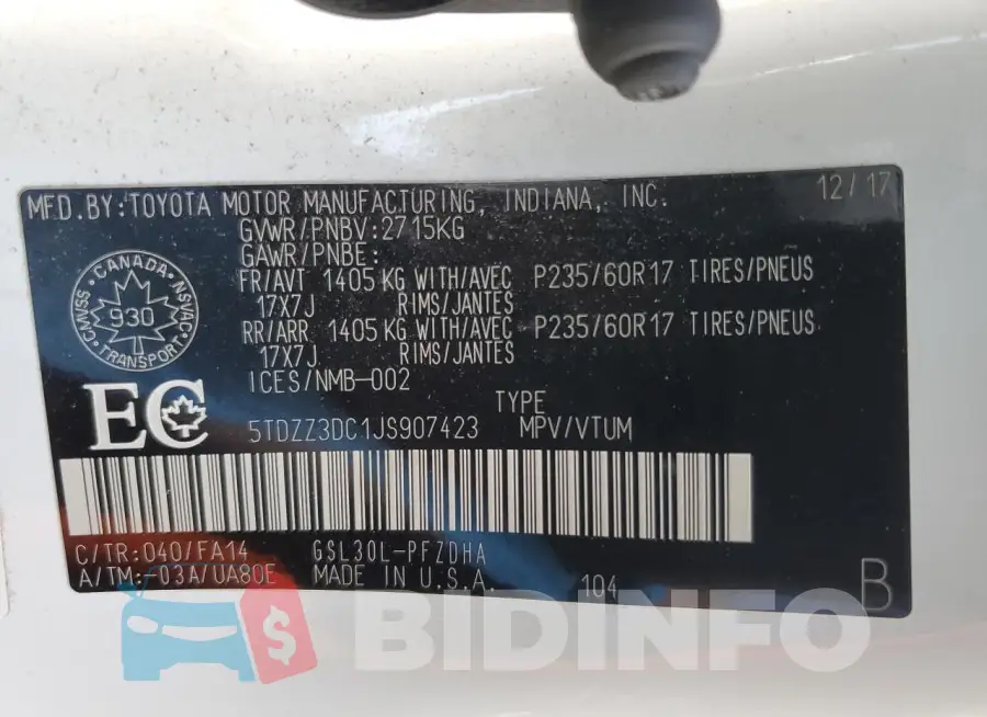 5TDZZ3DC1JS907423 Photo# 14