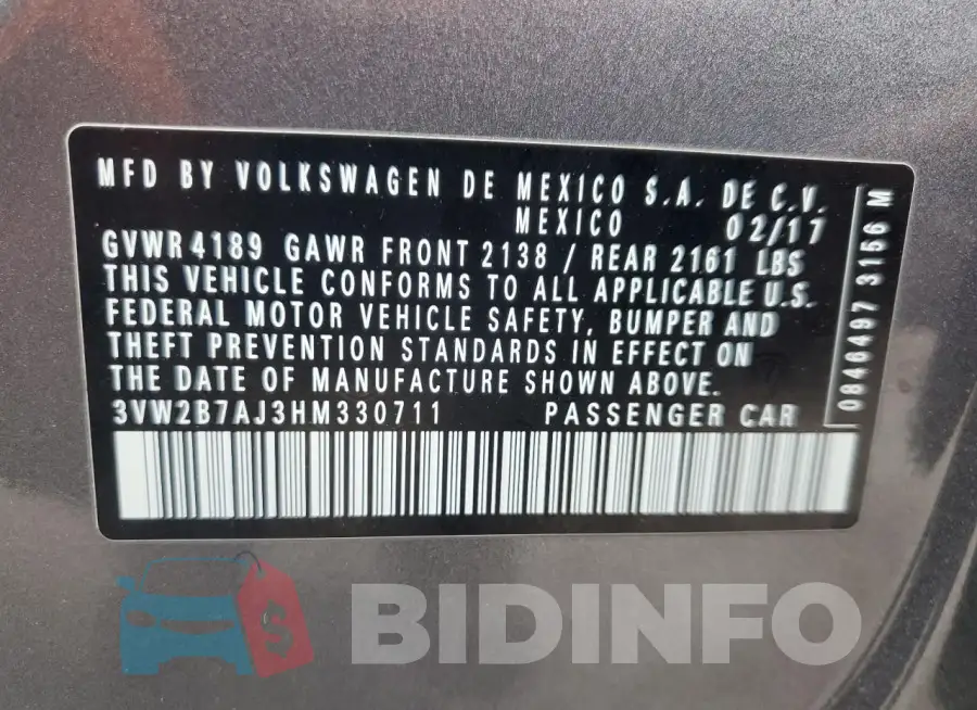 3VW2B7AJ3HM330711 Photo# 12