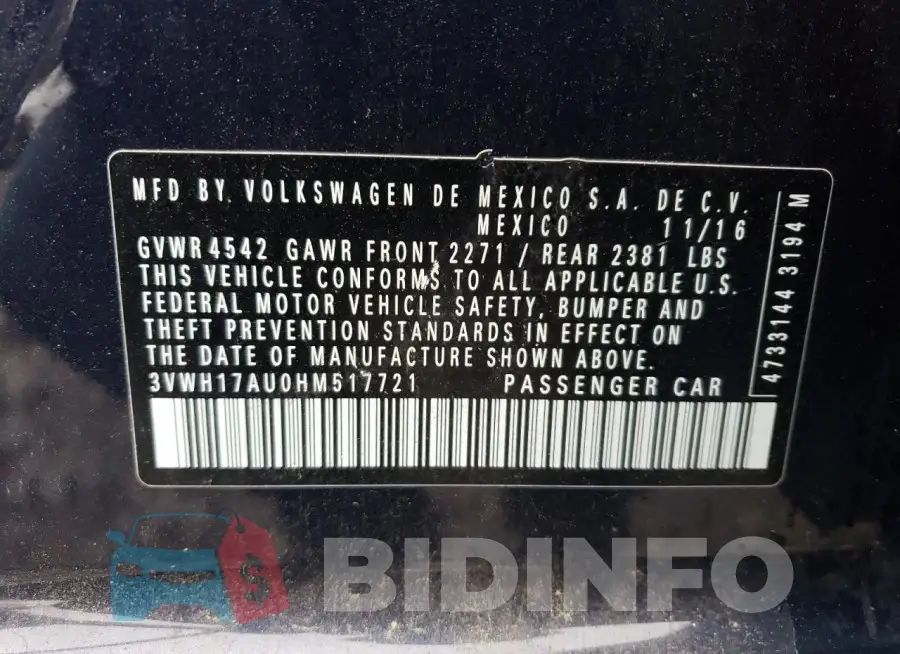3VWH17AU0HM517721 Photo# 12