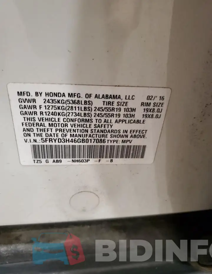 5FRYD3H46GB017086 Photo# 13