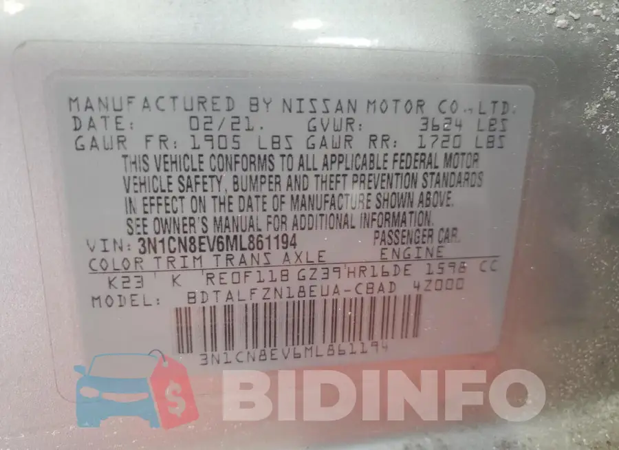 3N1CN8EV6ML861194 Photo# 13