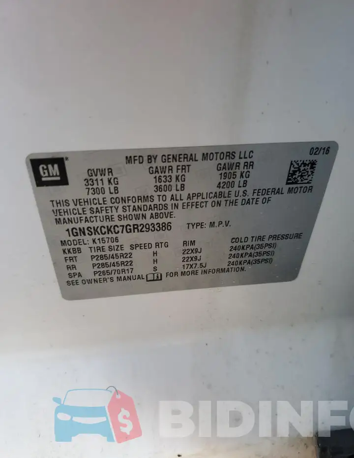 1GNSKCKC7GR293386 Photo# 13