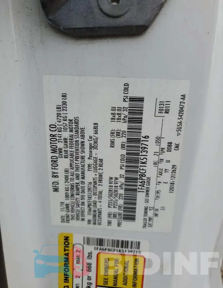1FA6P8CF1K5139716 Photo# 13