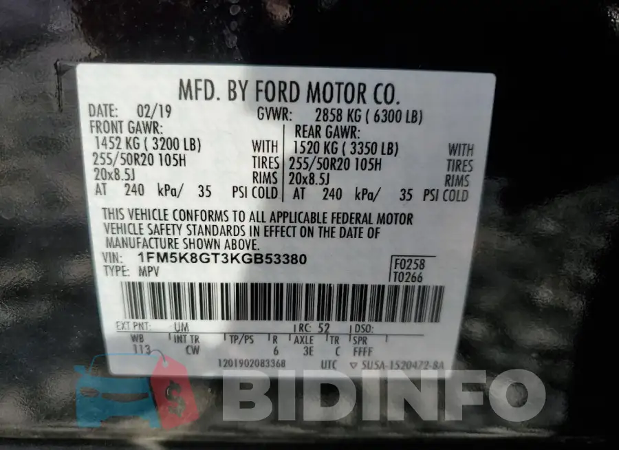 1FM5K8GT3KGB53380 Photo# 13