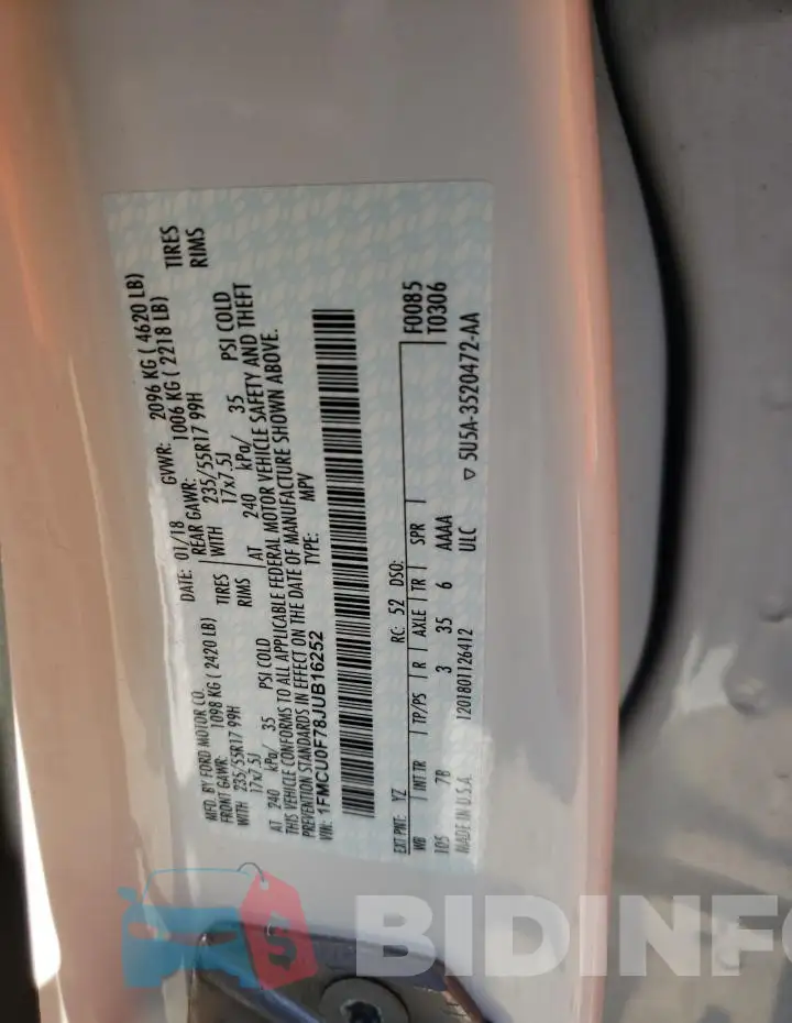 1FMCU0F78JUB16252 Photo# 13