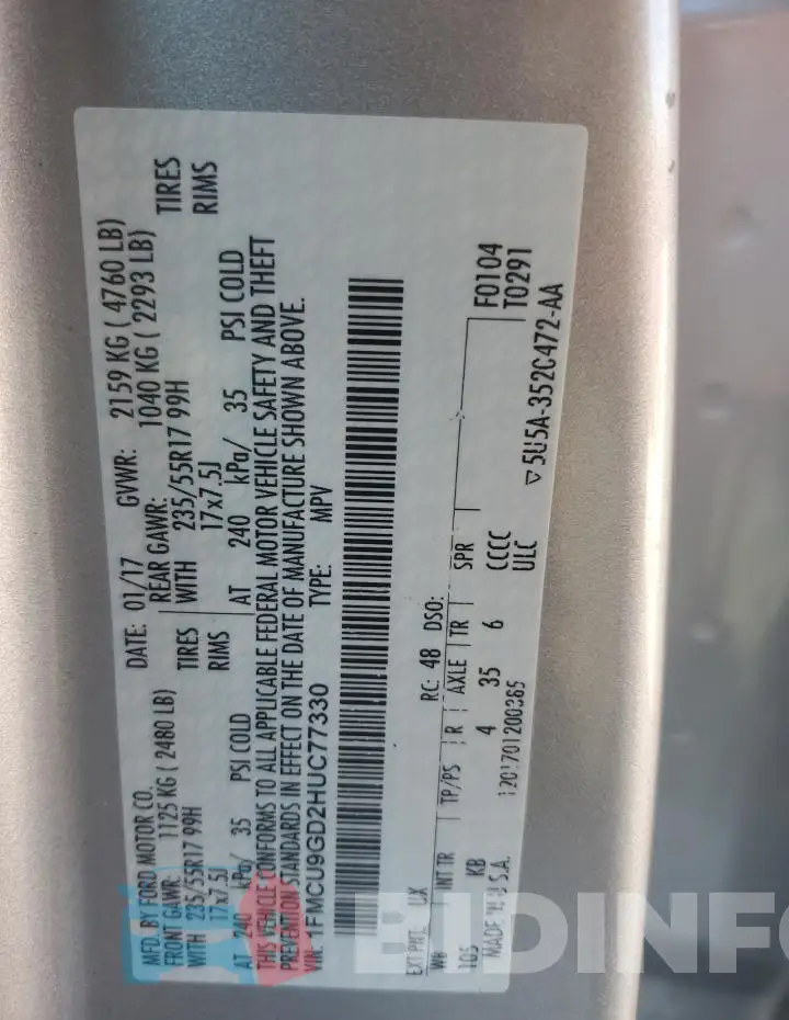 1FMCU9GD2HUC77330 Photo# 14