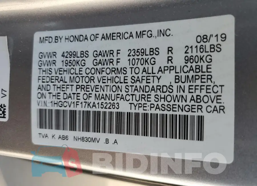 1HGCV1F17KA152263 Photo# 12
